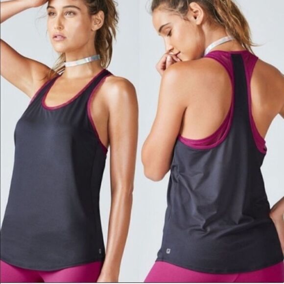 Fabletics Grey & Pink Mesh Layered Racerback Athletic Tank Top - Picture 1 of 5